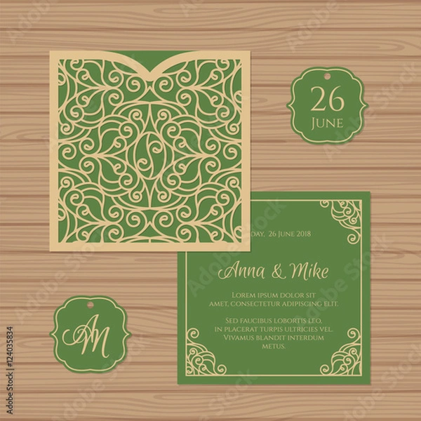 Obraz Wedding invitation or greeting card with vintage ornament. Paper lace square envelope template. Wedding invitation envelope mock-up for laser cutting. Vector illustration.