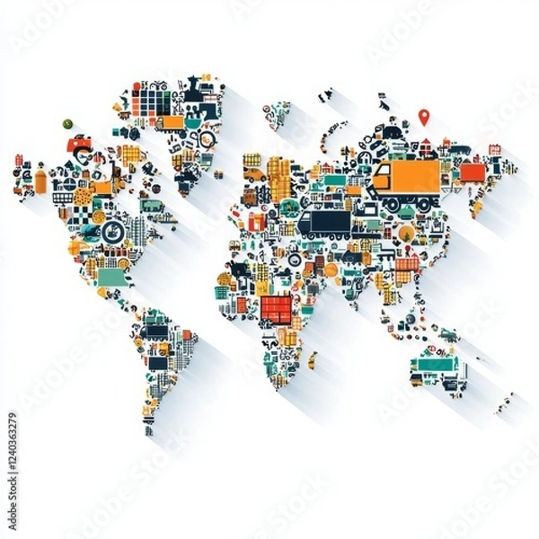 Fototapeta Colorful World Map Filled with Icons Representing Transportation, Logistics, and Global Trade Elements