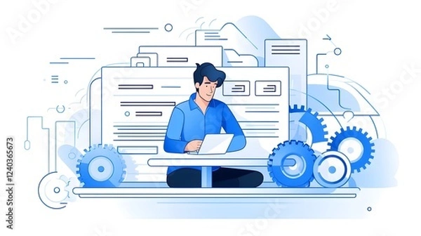 Obraz Icons and depicting a technical report engineer at work and project management plan on a clean white background  Concept of productivity efficiency and data driven decision making in the workplace