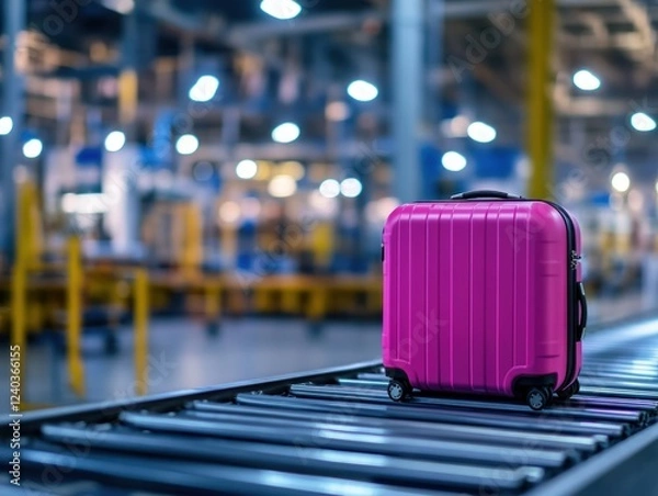 Fototapeta Pink Suitcase on Conveyor Belt in Factory