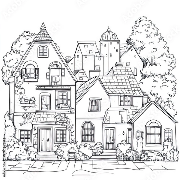 Fototapeta Global House Styles Diverse Architecture Coloring Book Illustrations