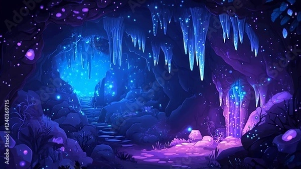 Obraz A Glowing, Mystical Cave Entrance with Steps and Stalactites