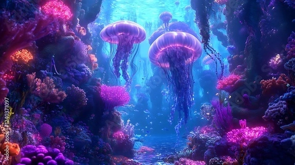 Obraz Bioluminescent Jellyfish in a Colorful Underwater Coral Reef
