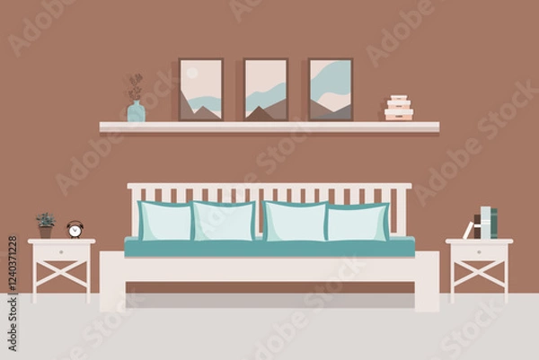 Obraz Modern bedroom interior with furniture. Empty bedroom concept. Vector flat graphic design illustration. Family bedroom in mocha mouse color