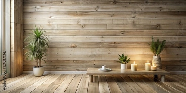 Fototapeta Serene Minimalist Interior Design with Wooden Wall, Plants, and Candles on Low Table