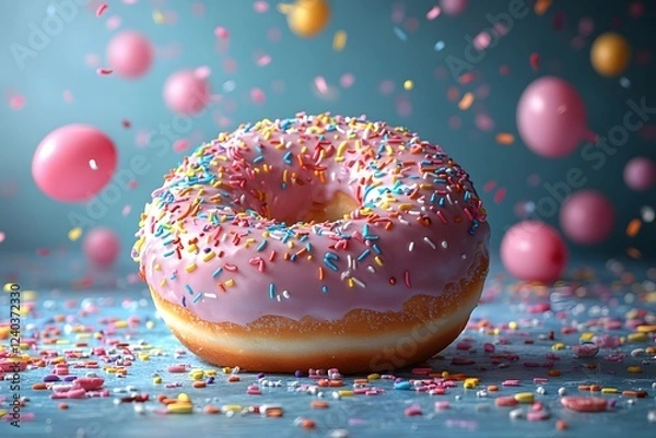 Fototapeta Colorful Donut with Pink Glaze and Sprinkles - Fun Dessert Design for Posters and Cards