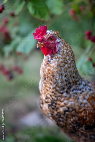 Fototapeta Plan rapproché de la tête d'un jeune coq de race Coucou à camail doré. Sa crête et ses barbillons sont rouge, le plumage de son camail et cuivre, brun. Fond baies rouges.