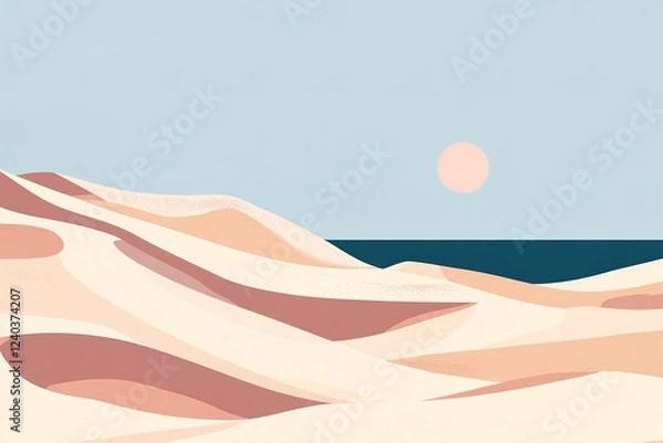 Fototapeta Sun-Drenched Sands: A Flat Desert Landscape Illustration Featuring Majestic Sand Dunes, Striking Cacti, and a Vast, Expansive Sky, Perfect for Travel Brochures, Website Banners, and Desert-Themed     