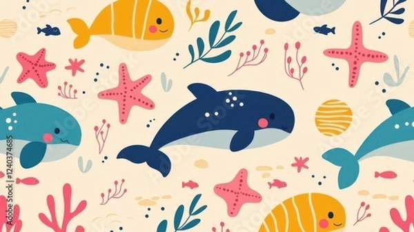 Fototapeta Vibrant Underwater World   Seamless Pattern Featuring Colorful Whales Turtles Starfish and Other Diverse Marine Life  Oceanic Ecosystem Design for Backgrounds Textiles and More