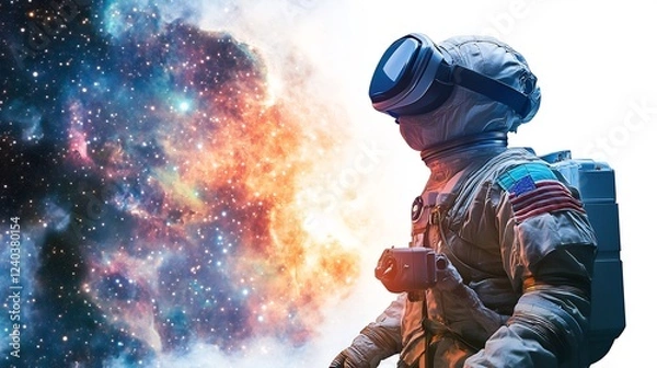 Fototapeta Virtual reality astronaut exploring glowing nebula rendered on white background