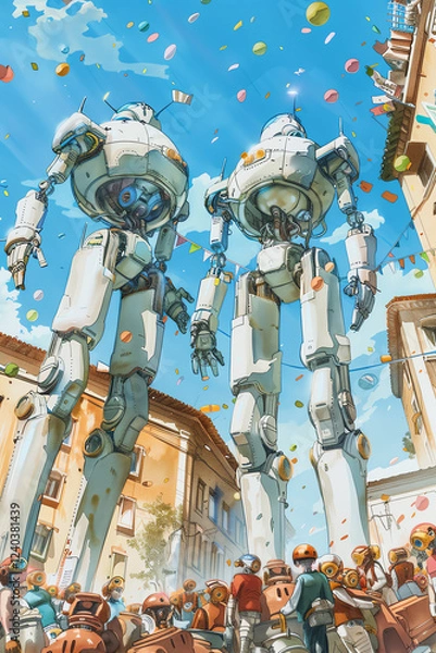 Fototapeta Illustrate a low-angle shot of robotic helpers assisting in preparing a grand celebration, using watercolor for a whimsical touch