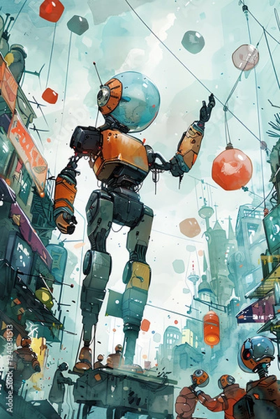 Fototapeta Illustrate a low-angle shot of robotic helpers assisting in preparing a grand celebration, using watercolor for a whimsical touch