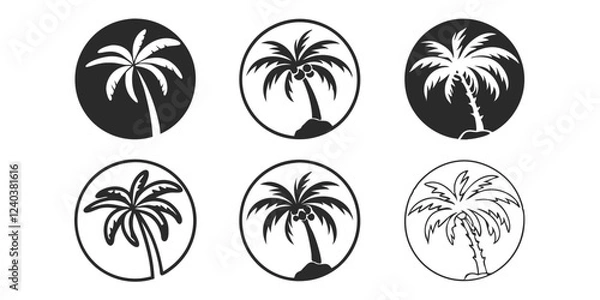 Fototapeta Contemporary palm tree icon set features single color illustrations of palm trees suitable for cutting, tattoo designs, or as modern palm art design elements vector
