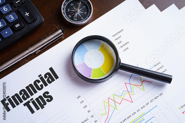 Fototapeta Magnifying glass on colourful pie chart with "Financial tips" text on paper, dice, spectacles, pen, laptop calculator on wooden table - business, banking, finance and investment concept