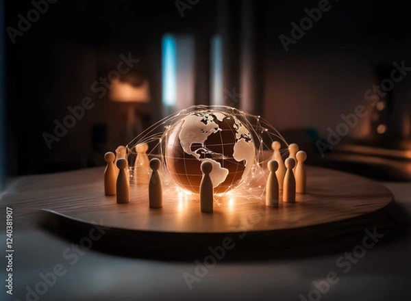 Fototapeta A glowing earth encircled by wooden figures on a dark background, symbolizing global connection and community.