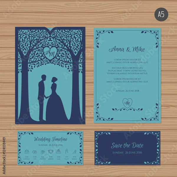 Obraz Wedding invitation with bride and groom, and tree. Paper lace en