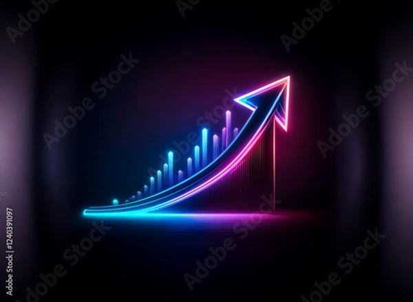 Fototapeta Neon arrow graph ascends, symbolizing growth and progress. Vibrant pink and blue hues illuminate the dark background, creating a dynamic and futuristic feel.