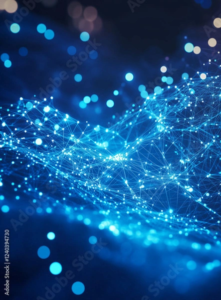 Fototapeta Abstract blue network background with glowing lines and bokeh lights representing data flow and technological connectivity in a modern futuristic design