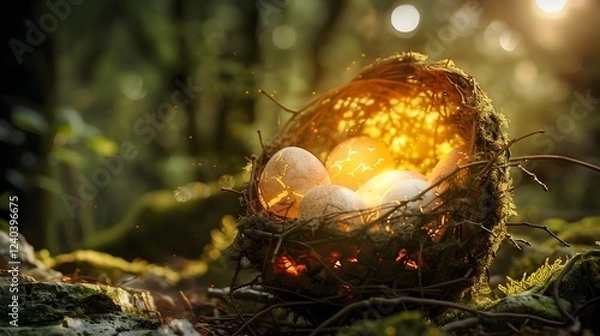 Fototapeta A basket of cracked eggshells with a portal to a hidden magical world