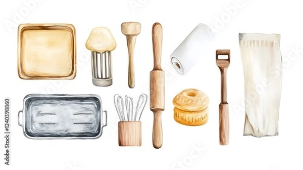 Fototapeta Watercolor illustration of baking tools and ingredients