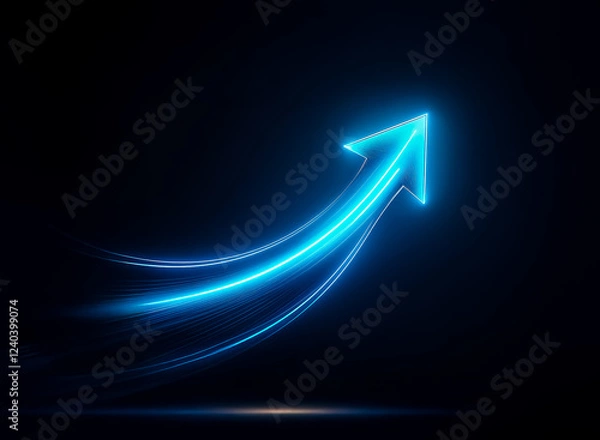 Fototapeta Glowing blue arrow ascends on a dark background, suggesting growth, progress, and upward trajectory.  A light trail indicates speed and momentum.
