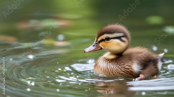 Fototapeta Young brown Mandarin Duck. Generative AI