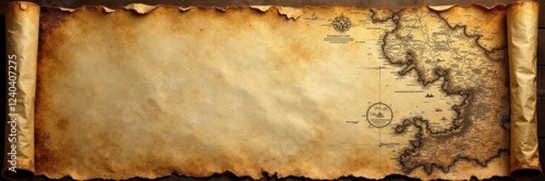 Obraz Aged parchment treasure map, nautical details, gold, retro