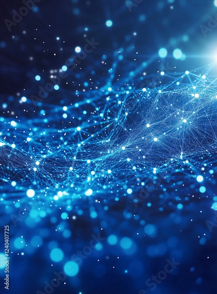 Fototapeta A vibrant blue network background with glowing connections and a bright light flare symbolizing technological advancement data flow and communication in the digital age