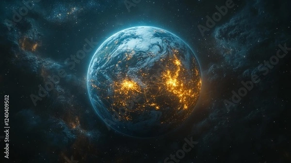 Fototapeta Earth from space with glowing city lights. Generative AI
