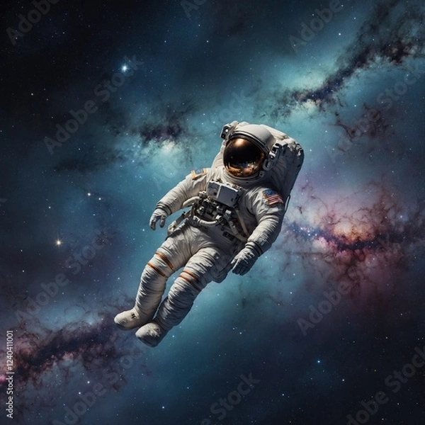 Fototapeta A delicate watercolor of an astronaut floating in a peaceful galaxy.