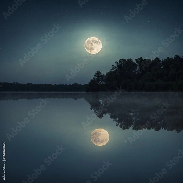 Fototapeta A soft watercolor of a full moon reflecting in a still lake.
