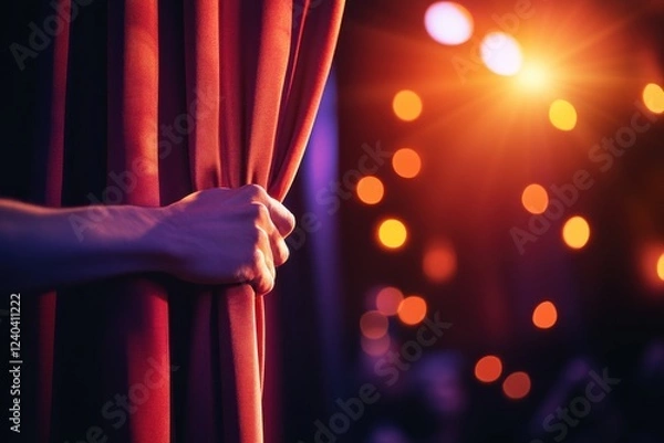 Fototapeta Dramatic Stage Scene with a Hand Pulling Back a Curtain to Reveal Bright Lighting and a Blurred Audience in the Background