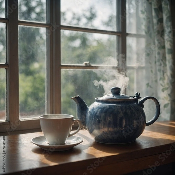 Fototapeta A soft-focus watercolor of a teapot steaming on a windowsill.