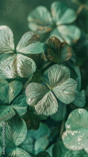 Fototapeta Three green shamrocks for st. patrick’s day with soft lighting, golden bokeh, and light reflections on a green background