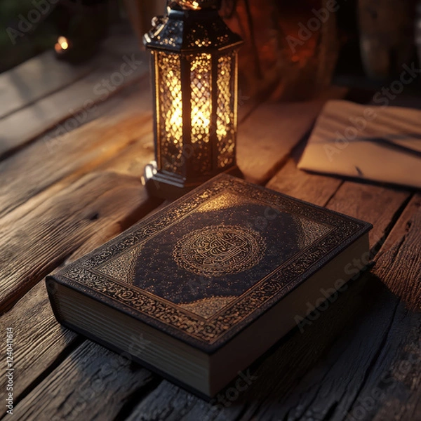 Fototapeta A tranquil setting for prayer, where a Muslim offers dua on a carpeted floor, surrounded by the holy Quran and prayer beads. The indoor environment reflects the comfort and peace of a private home dur