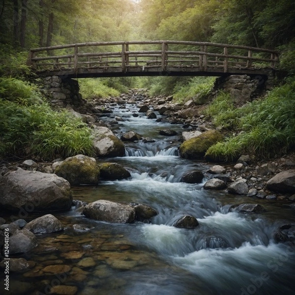 Fototapeta A poetic watercolor of a tiny bridge crossing a trickling stream.