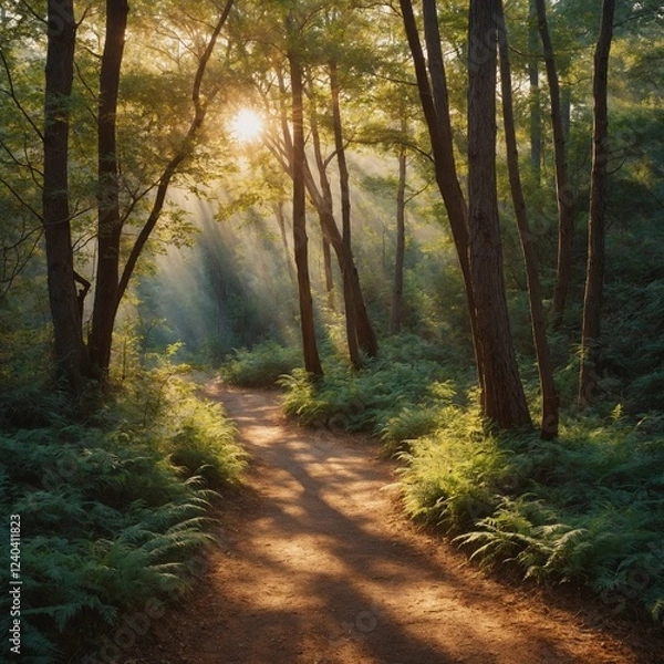 Fototapeta A delicate watercolor of a winding forest path, dappled with golden sunlight.