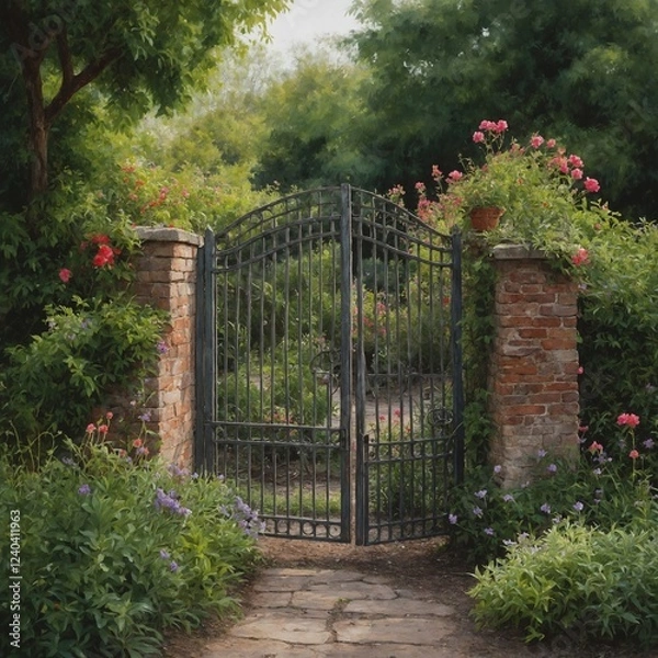 Fototapeta A soft-focus watercolor of a garden gate slightly ajar, inviting the viewer inside.