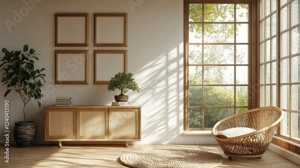 Obraz Bright Minimalist Living Room with Greenery. Generative AI
