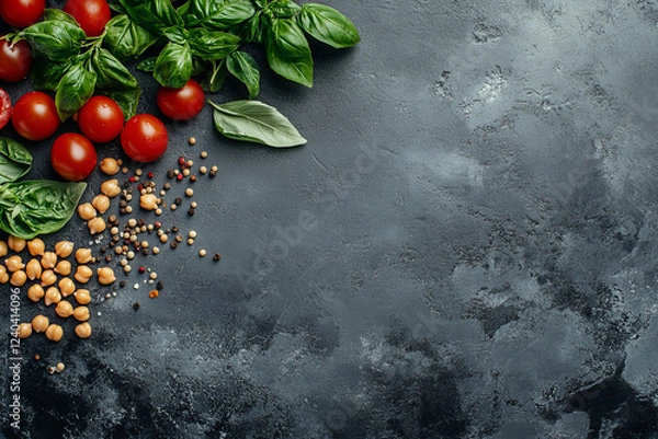 Fototapeta Fresh ingredients for a Mediterranean recipe with chickpeas, basil leaves, vine-ripened tomatoes, and assorted peppercorns on a textured dark slate background
