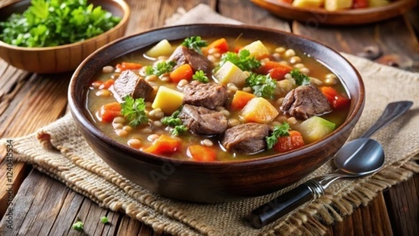 Fototapeta Hearty beef stew with vegetables and barley in a savory broth, homestyle cooking,