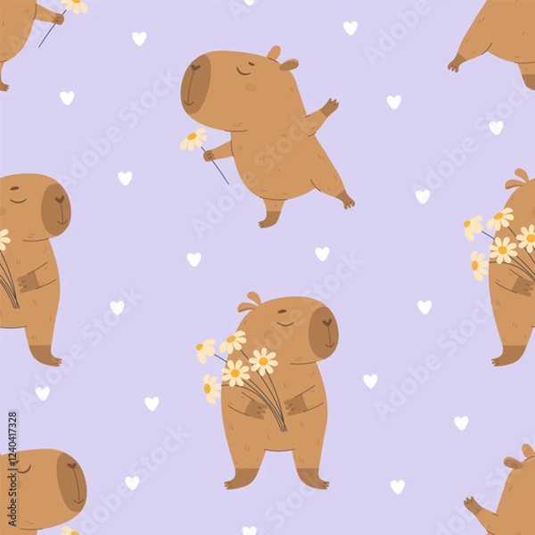 Fototapeta Cute capybaras with a bouquet of flowers pattern