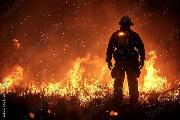 Fototapeta Firefighter battling flames during wildfire at dusk in a remote area