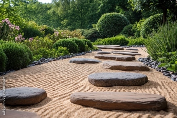 Fototapeta A serene garden path featuring smooth stones, surrounded by lush greenery and meticulously raked sand, creating a peaceful atmosphere.