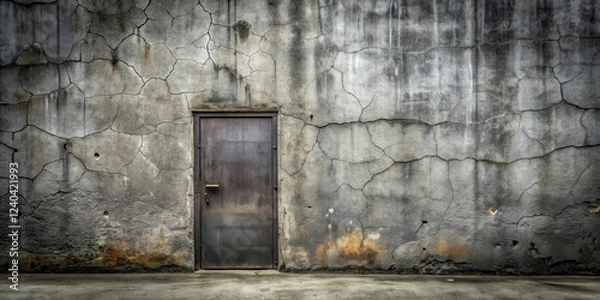 Fototapeta A weathered metal door set within a distressed concrete wall, exhibiting a network of cracks and discoloration