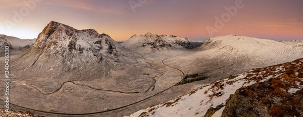 Obraz View into Glencoe, Highlands, Scotland. A lone tent wild camping on the peak over looking Glencoe at sunset.