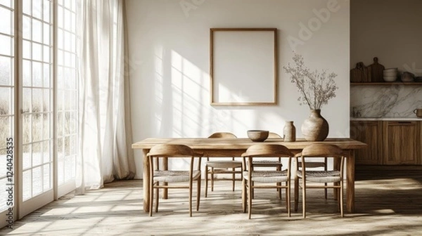 Obraz Bright Dining Area with Natural Light and Wooden Decor. Generative AI