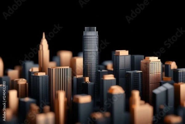 Obraz A miniature cityscape featuring high-rise buildings with a mix of gold and dark hues, set against a black background, creating a striking visual contrast.