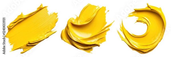Fototapeta Abstract Yellow Paint Strokes, Three Dynamic Brushstrokes, Isolated on White Background Cutout