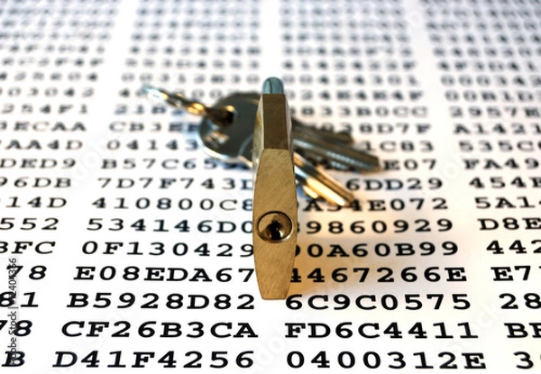 Fototapeta Cipher, keys and padlock symbolizing data encryption